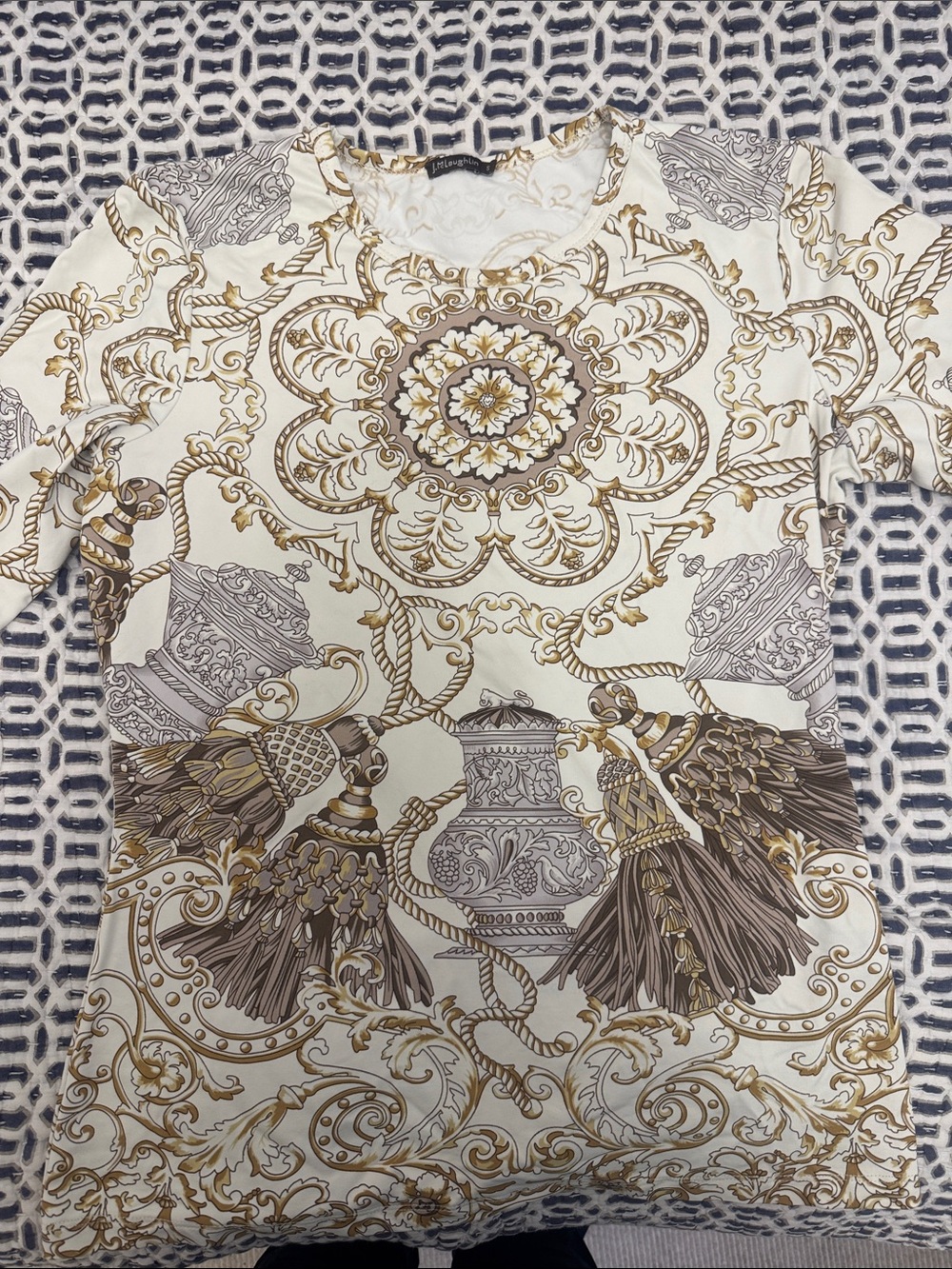 J McLaughlin Cream and Gold Baroque Tassel Print Top